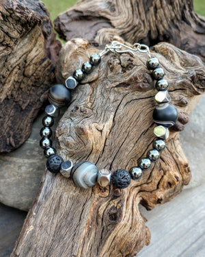 Striped Agate & Hematite Mens Beaded Bracelet