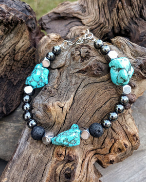 Turquoise Howlite Nugget & Hematite Mens Beaded Bracelet