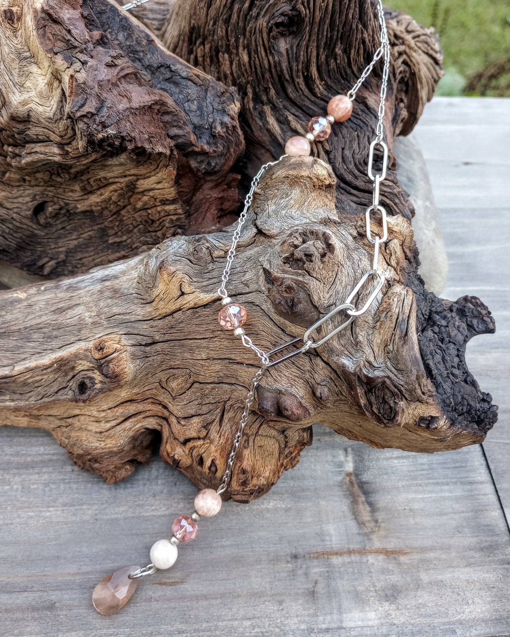 Asymmetrical Peachy Pink Crystal & Sunstone Chain Lariat Necklace - Windfall Jewelry