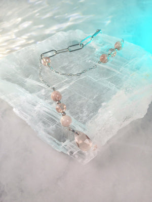 Asymmetrical Peachy Pink Crystal & Sunstone Chain Lariat Necklace - Windfall Jewelry