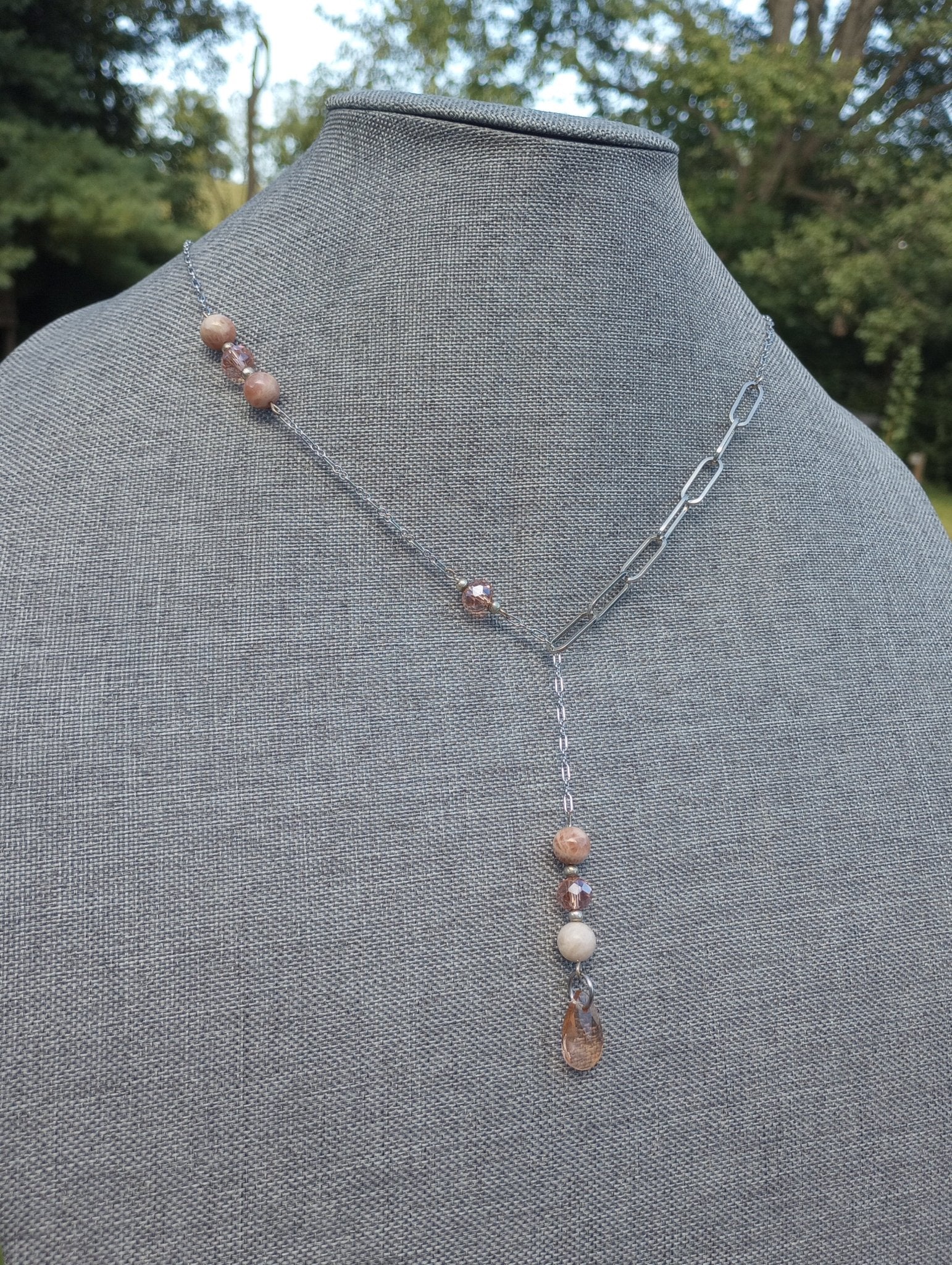 Asymmetrical Peachy Pink Crystal & Sunstone Chain Lariat Necklace - Windfall Jewelry