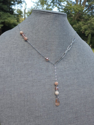 Asymmetrical Peachy Pink Crystal & Sunstone Chain Lariat Necklace - Windfall Jewelry