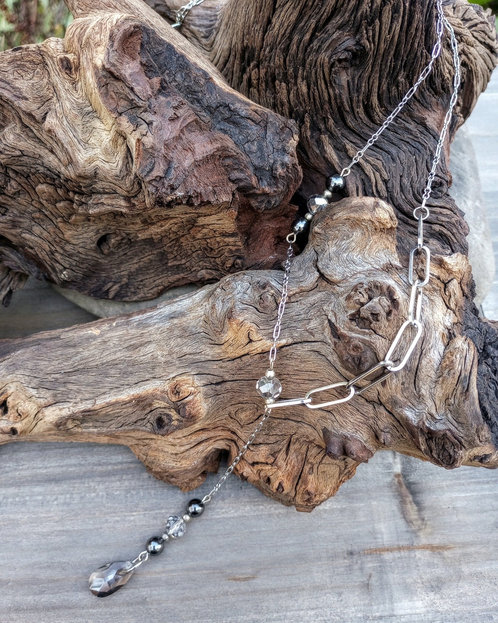 Asymmetrical Smokey Gray Crystal & Hematite Chain Lariat Necklace - Windfall Jewelry