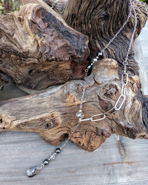 Asymmetrical Smokey Gray Crystal & Hematite Chain Lariat Necklace - Windfall Jewelry