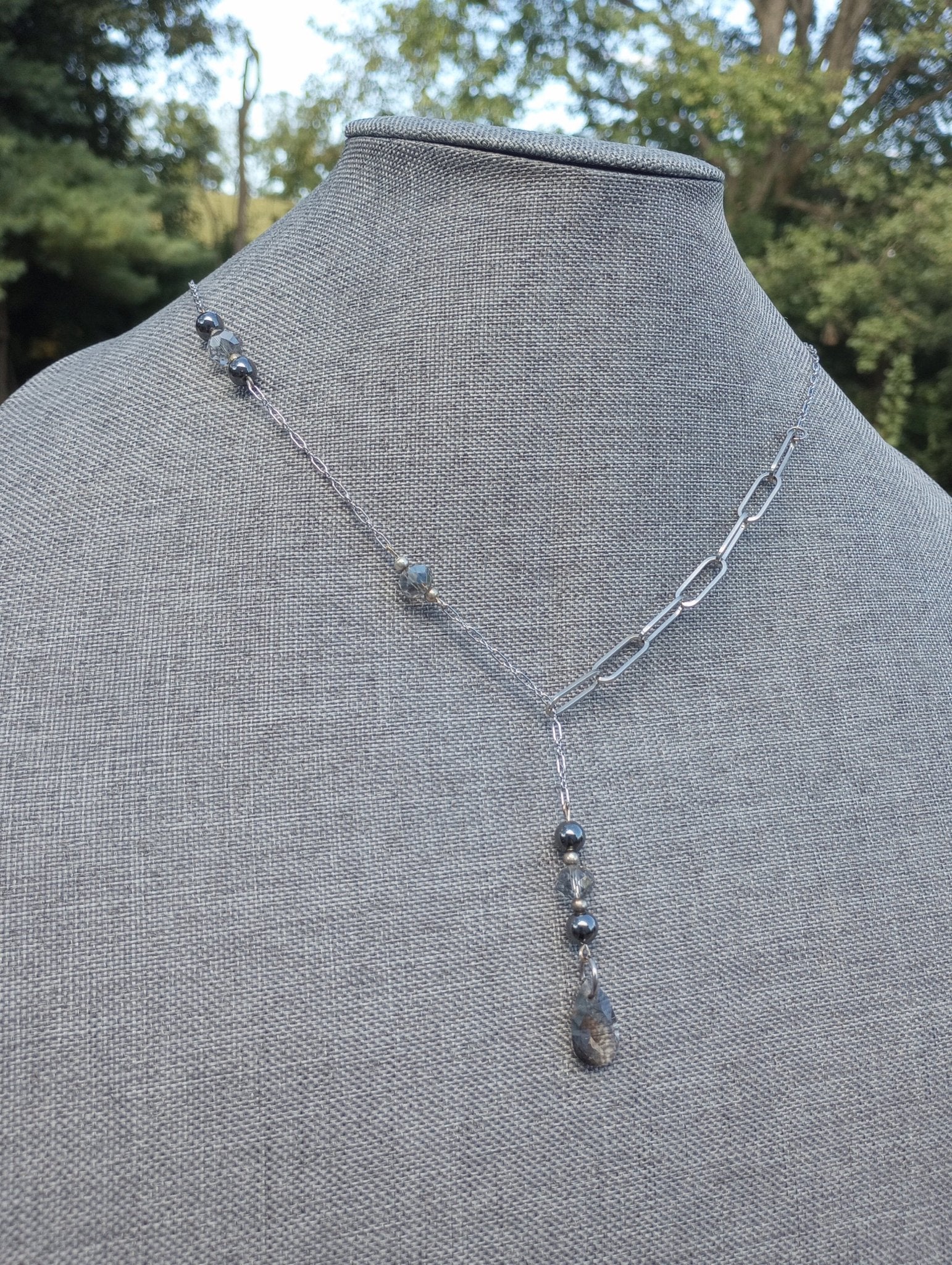 Asymmetrical Smokey Gray Crystal & Hematite Chain Lariat Necklace - Windfall Jewelry