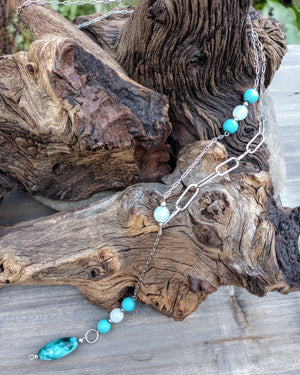 Asymmetrical Turquoise Howlite & Opalite Chain Lariat Necklace - Windfall Jewelry