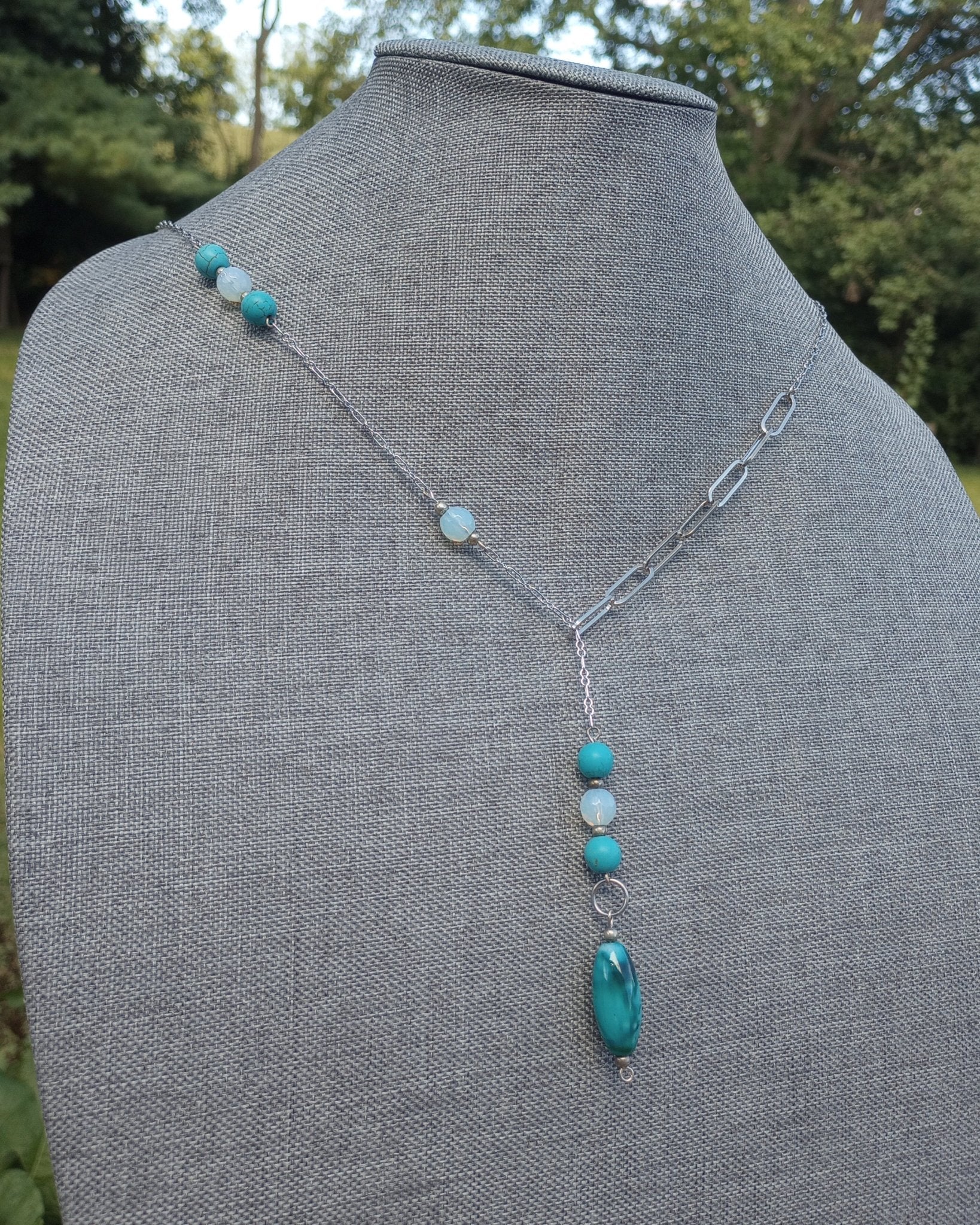 Asymmetrical Turquoise Howlite & Opalite Chain Lariat Necklace - Windfall Jewelry