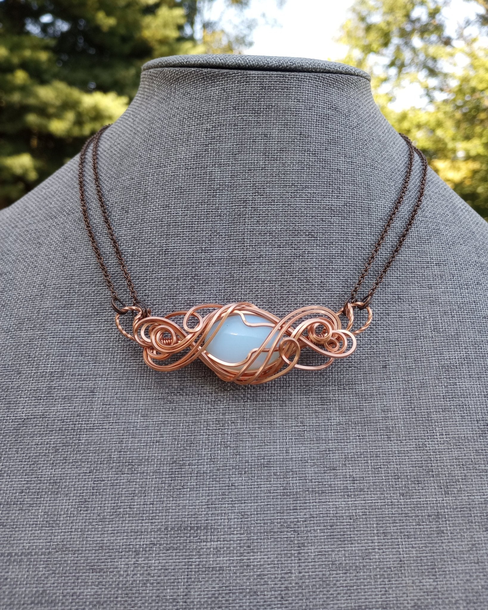 Exquisite Swirls Copper & Opalite Bar Pendant Necklace - Windfall Jewelry