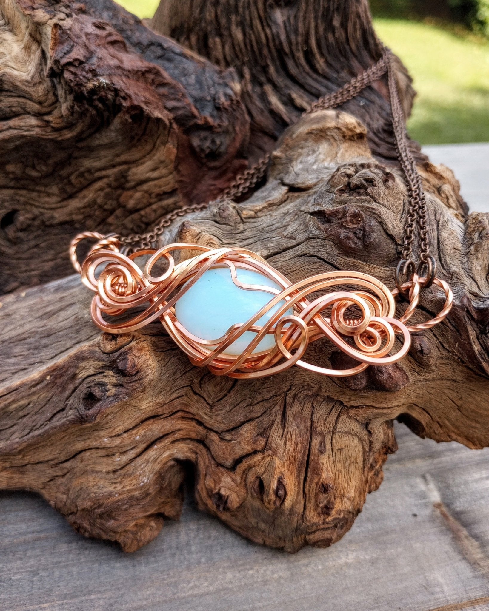 Exquisite Swirls Copper & Opalite Bar Pendant Necklace - Windfall Jewelry