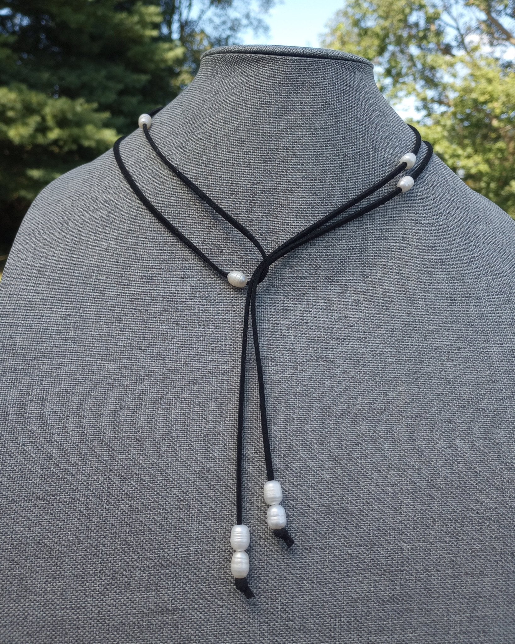 Ivory Luster Freshwater Pearl Lariat Necklace (on Black) - Windfall Jewelry