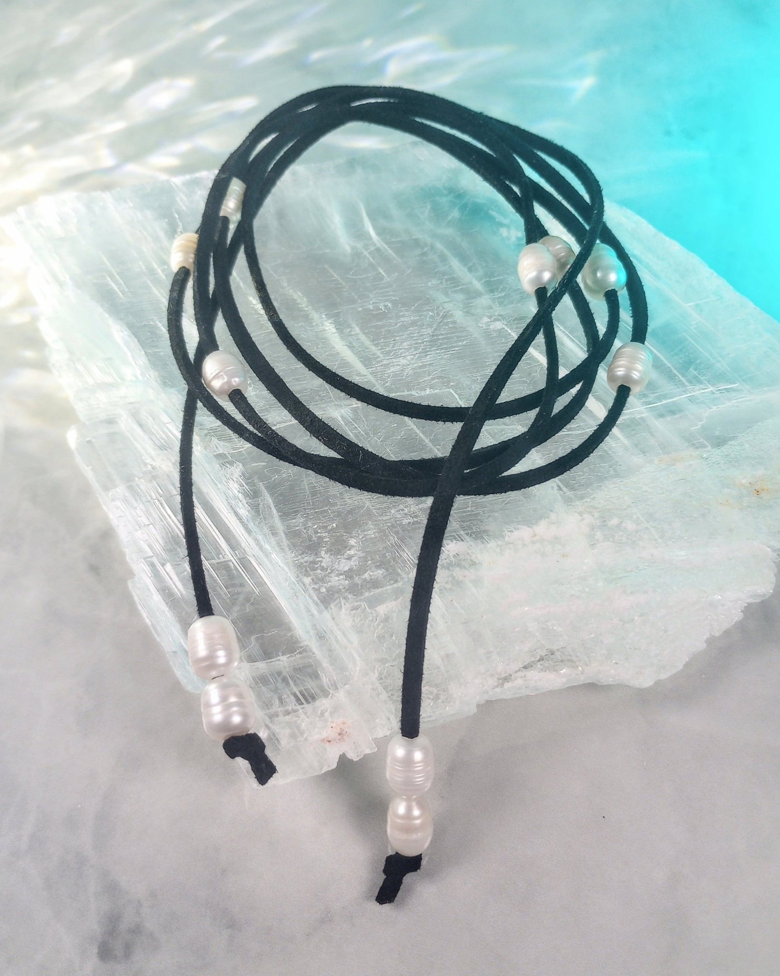 Ivory Luster Freshwater Pearl Lariat Necklace (on Black) - Windfall Jewelry