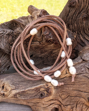 Ivory Luster Freshwater Pearl Lariat Necklace (on Camel) - Windfall Jewelry