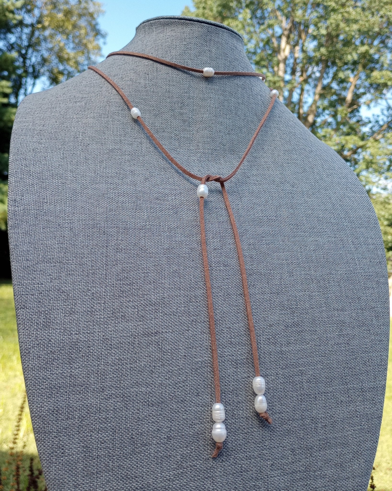 Ivory Luster Freshwater Pearl Lariat Necklace (on Camel) - Windfall Jewelry