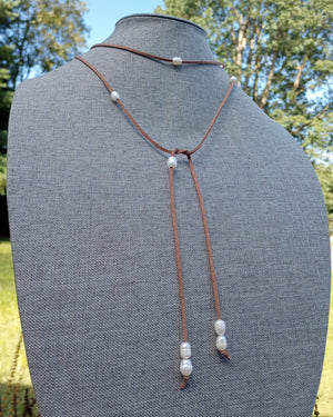 Ivory Luster Freshwater Pearl Lariat Necklace (on Camel) - Windfall Jewelry