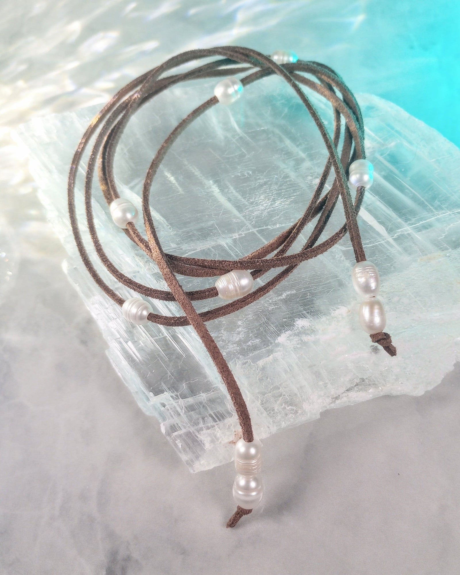 Ivory Luster Freshwater Pearl Lariat Necklace (on Camel) - Windfall Jewelry