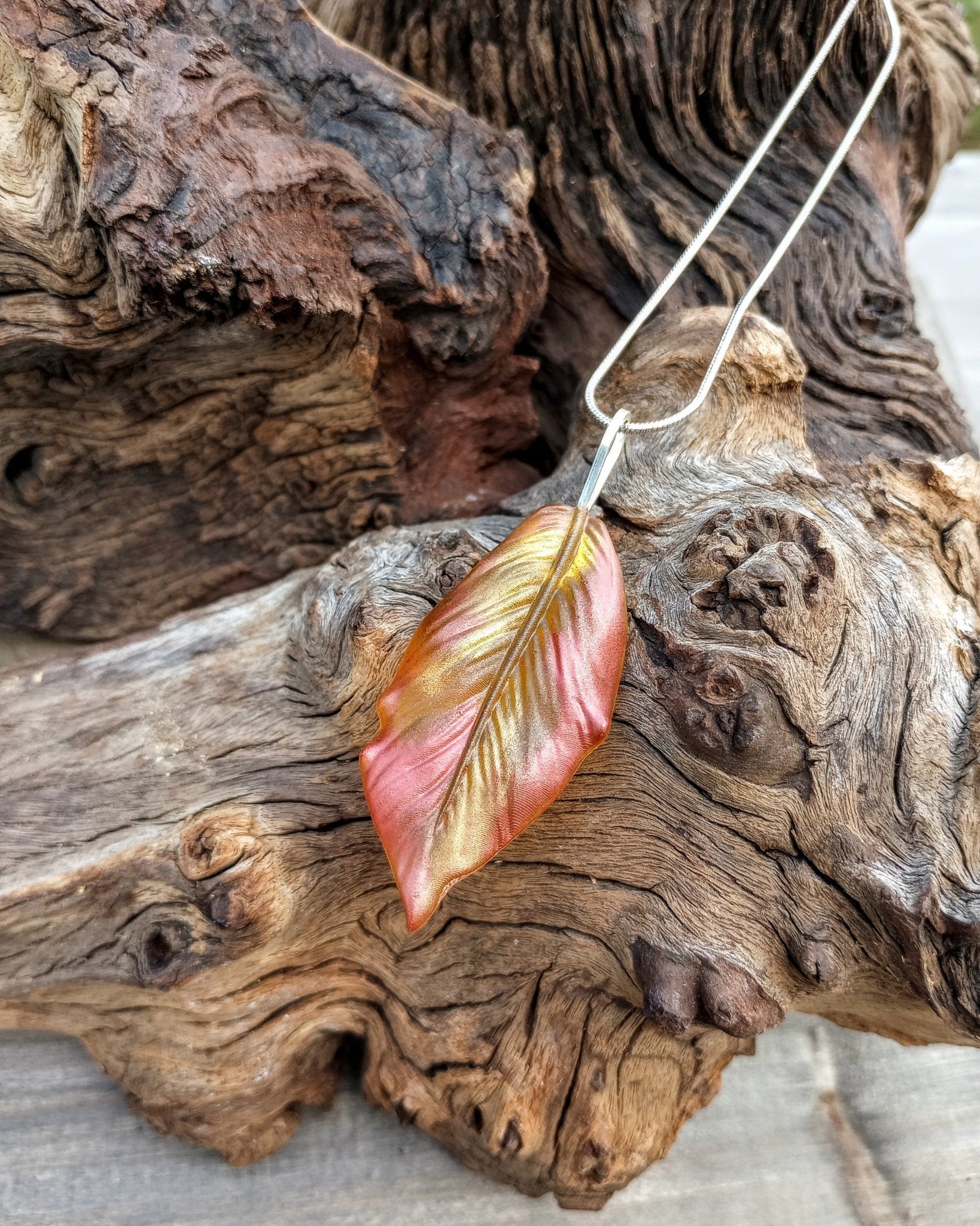 Leaf Pendant Necklace (hand - painted in Fall colors) - Windfall Jewelry
