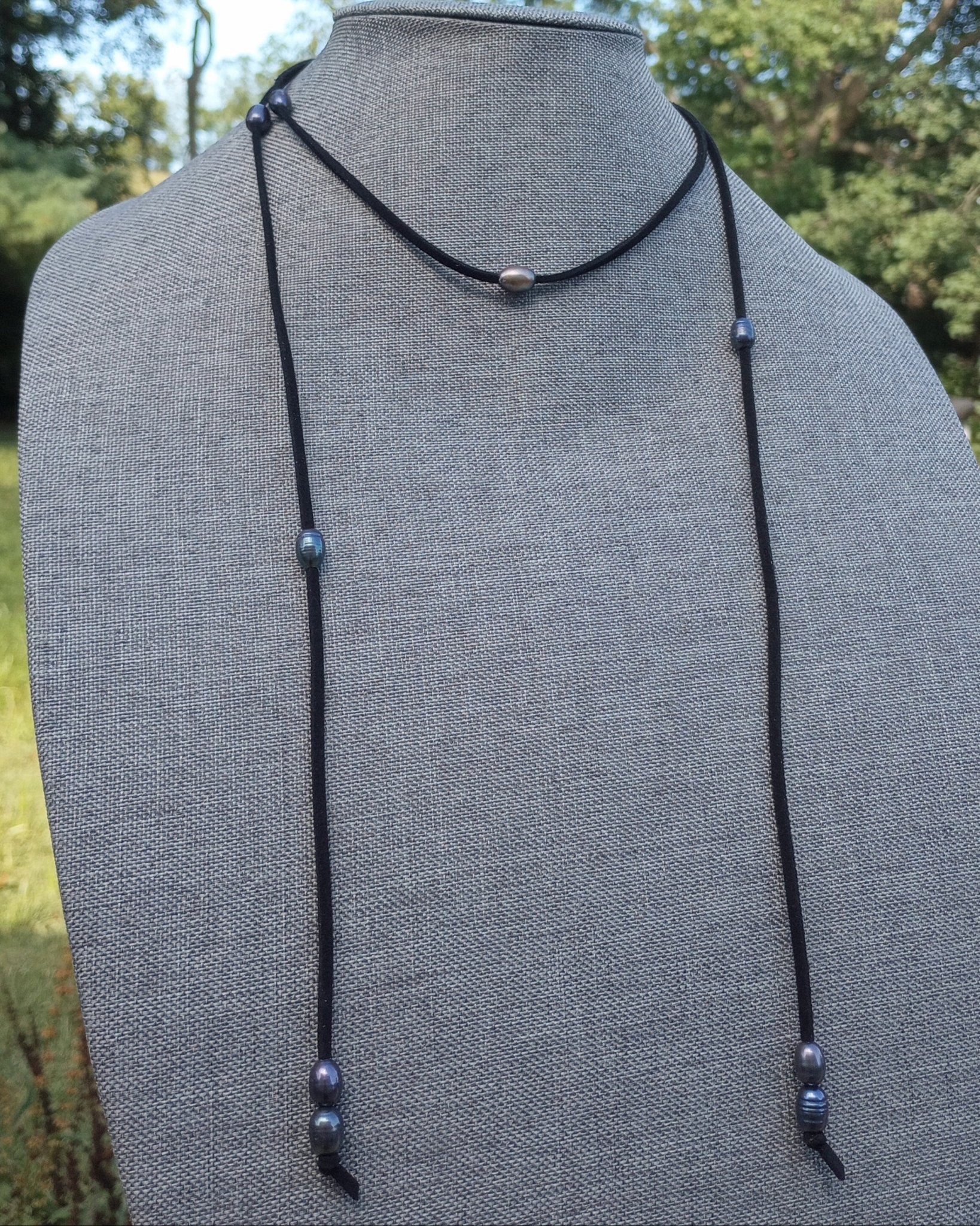Midnight Mystique Freshwater Pearl Lariat Necklace (on Black) - Windfall Jewelry