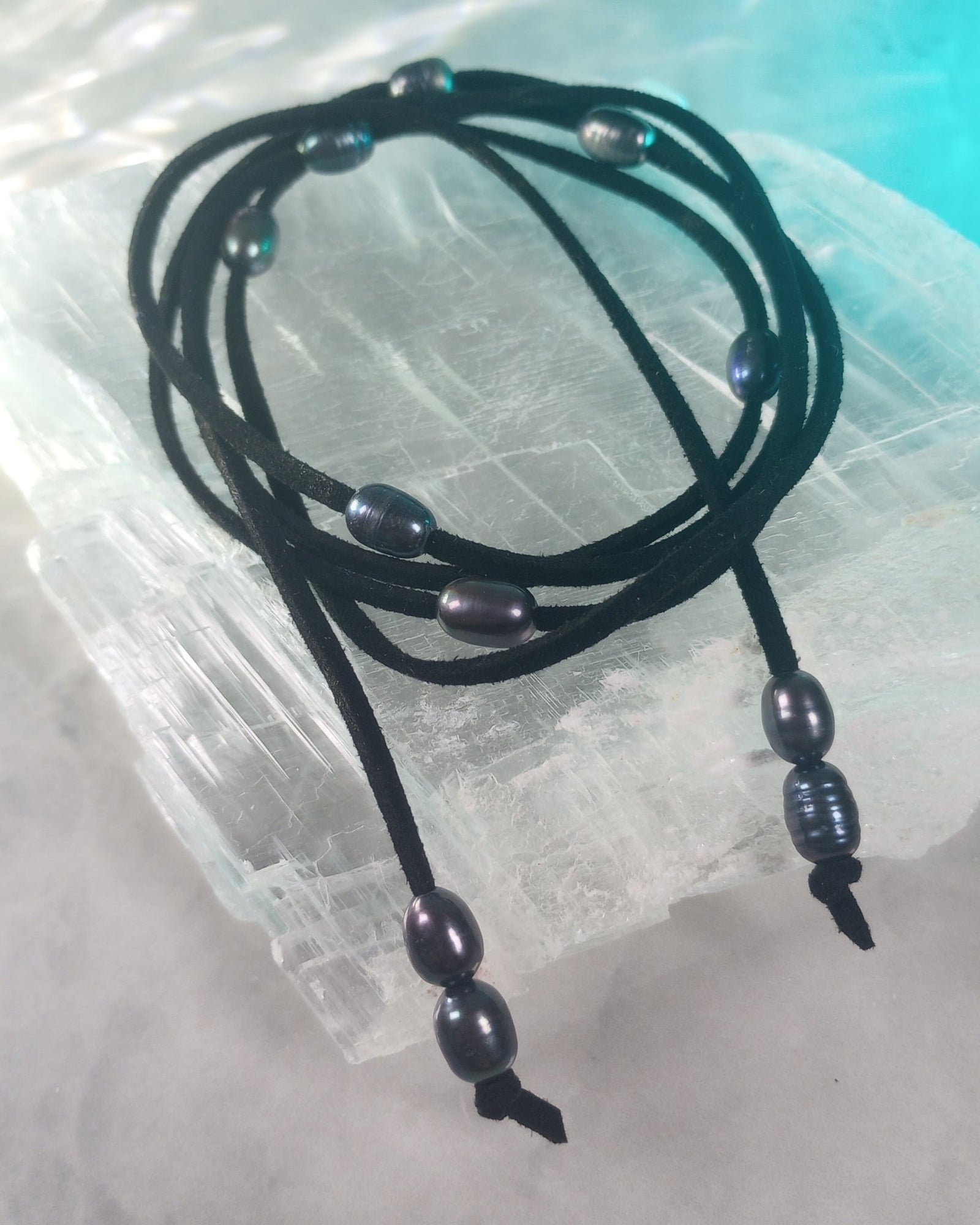 Midnight Mystique Freshwater Pearl Lariat Necklace (on Black) - Windfall Jewelry