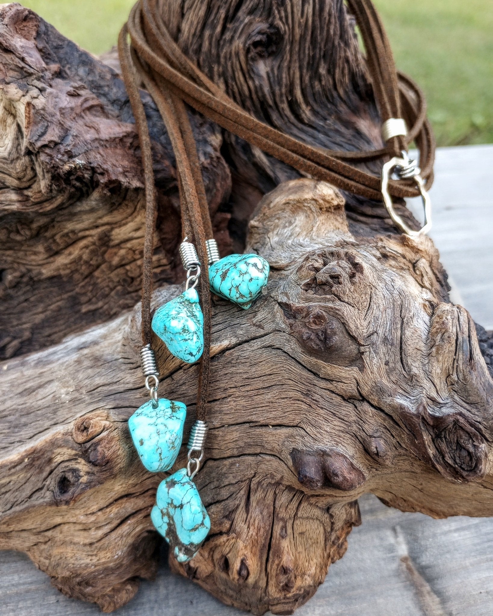 Multi - Strand Turquoise Howlite Lariat Necklace (on Dark Brown) - Windfall Jewelry
