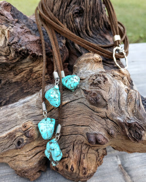 Multi - Strand Turquoise Howlite Lariat Necklace (on Dark Brown) - Windfall Jewelry