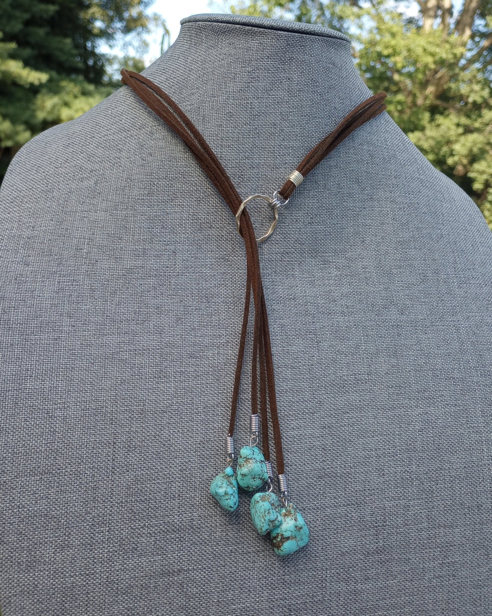 Multi - Strand Turquoise Howlite Lariat Necklace (on Dark Brown) - Windfall Jewelry