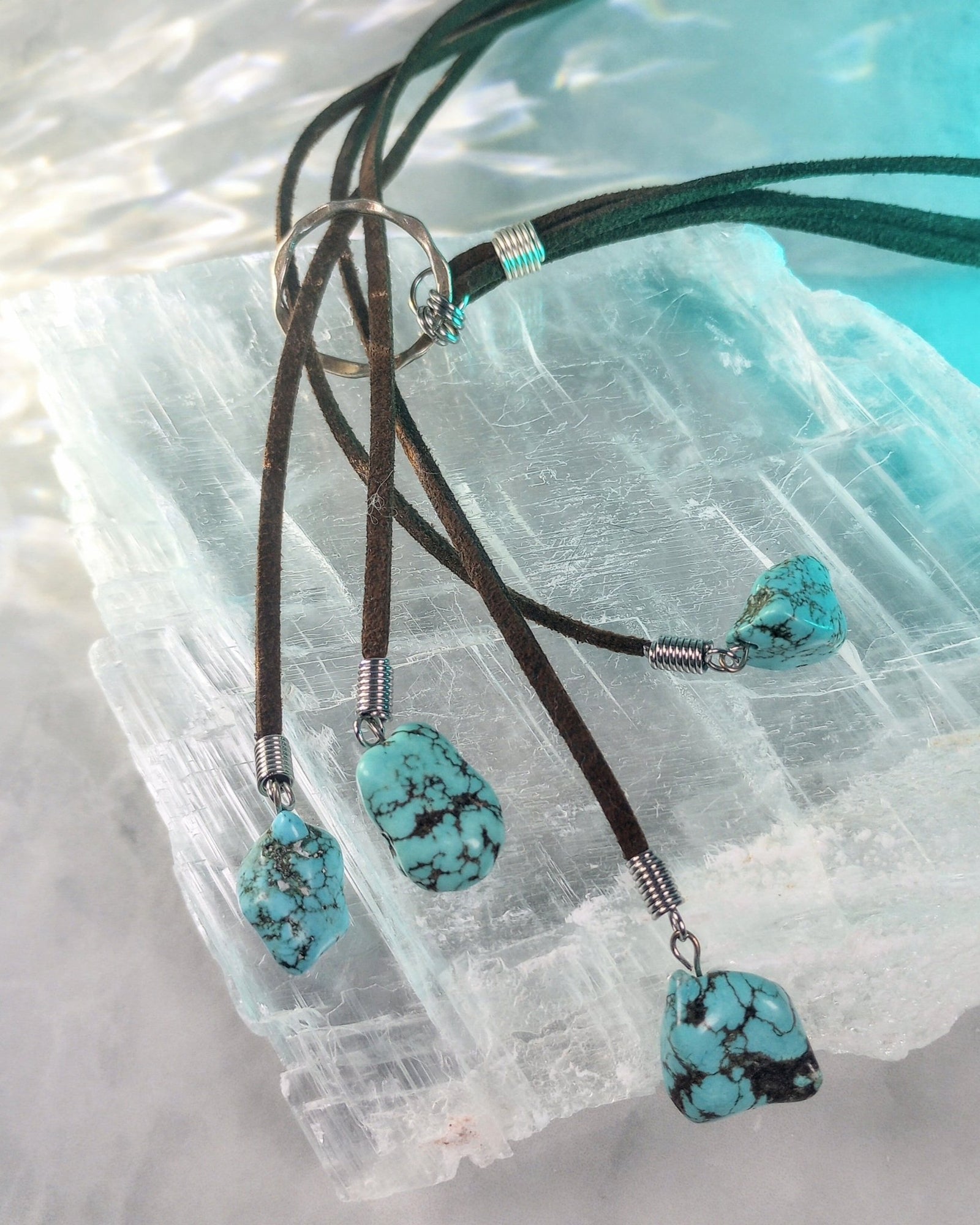 Multi - Strand Turquoise Howlite Lariat Necklace (on Dark Brown) - Windfall Jewelry