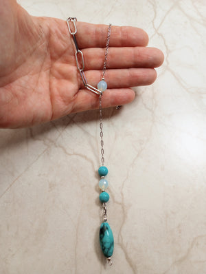 Asymmetrical Turquoise Howlite & Opalite Chain Lariat Necklace