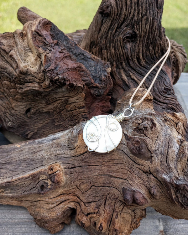 Shell Coin Pendant Shell Coin Wire Wrapped Necklace - Windfall Jewelry