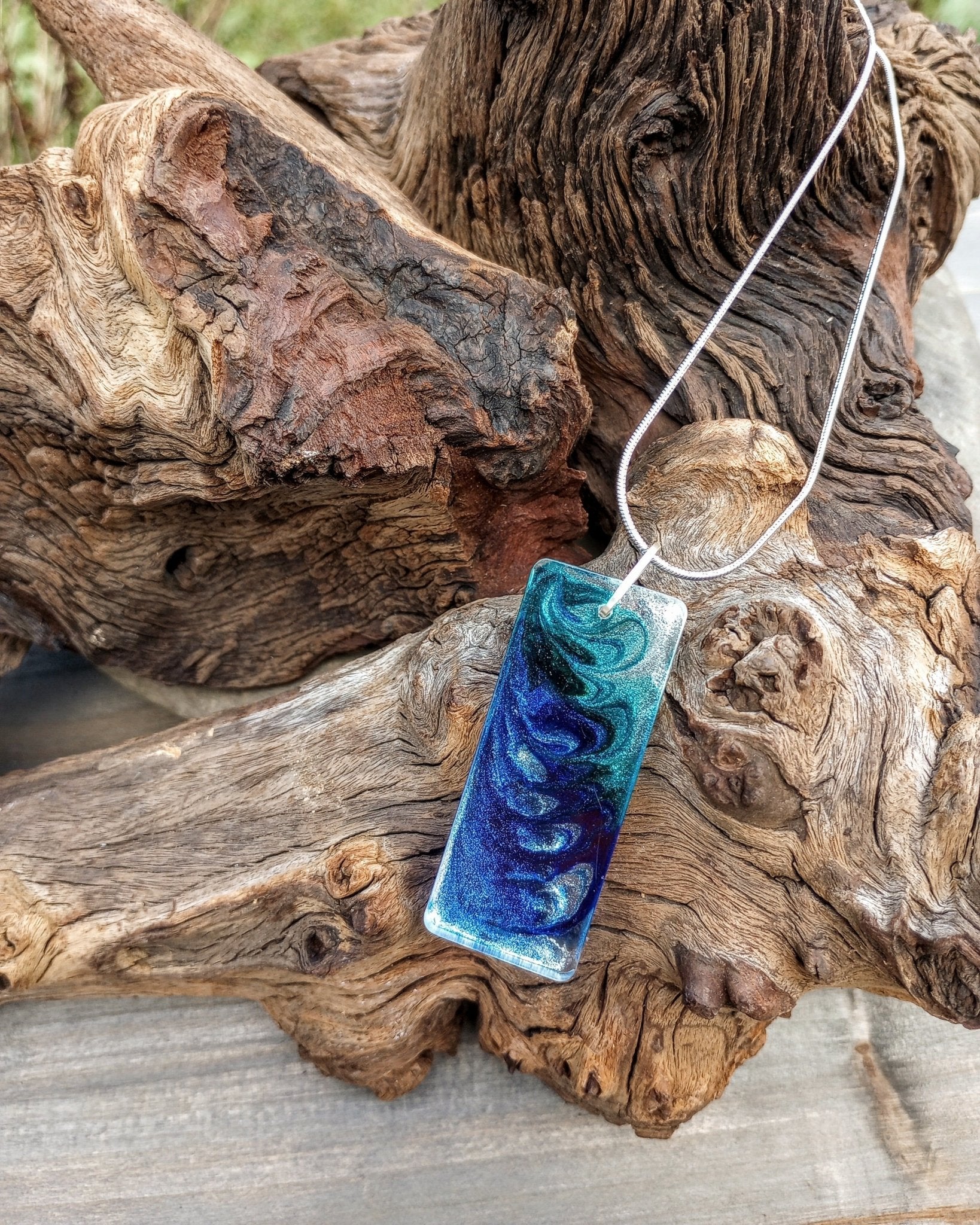 Shimmering Blue Art Pendant Necklace (large rectangle) - Windfall Jewelry
