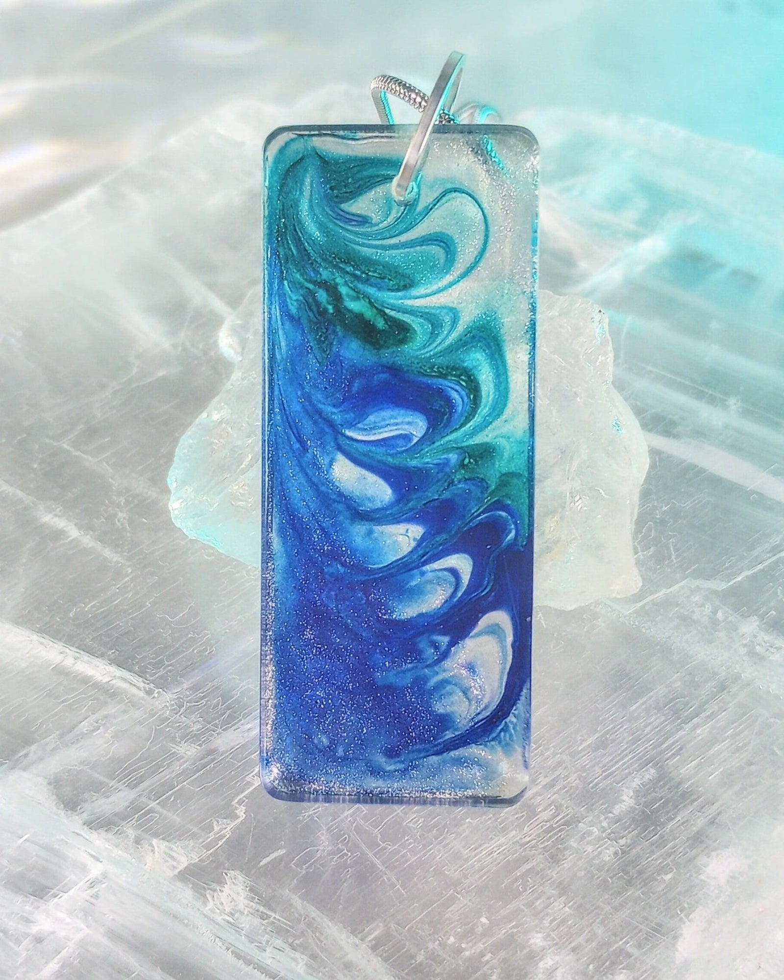 Shimmering Blue Art Pendant Necklace (large rectangle) - Windfall Jewelry