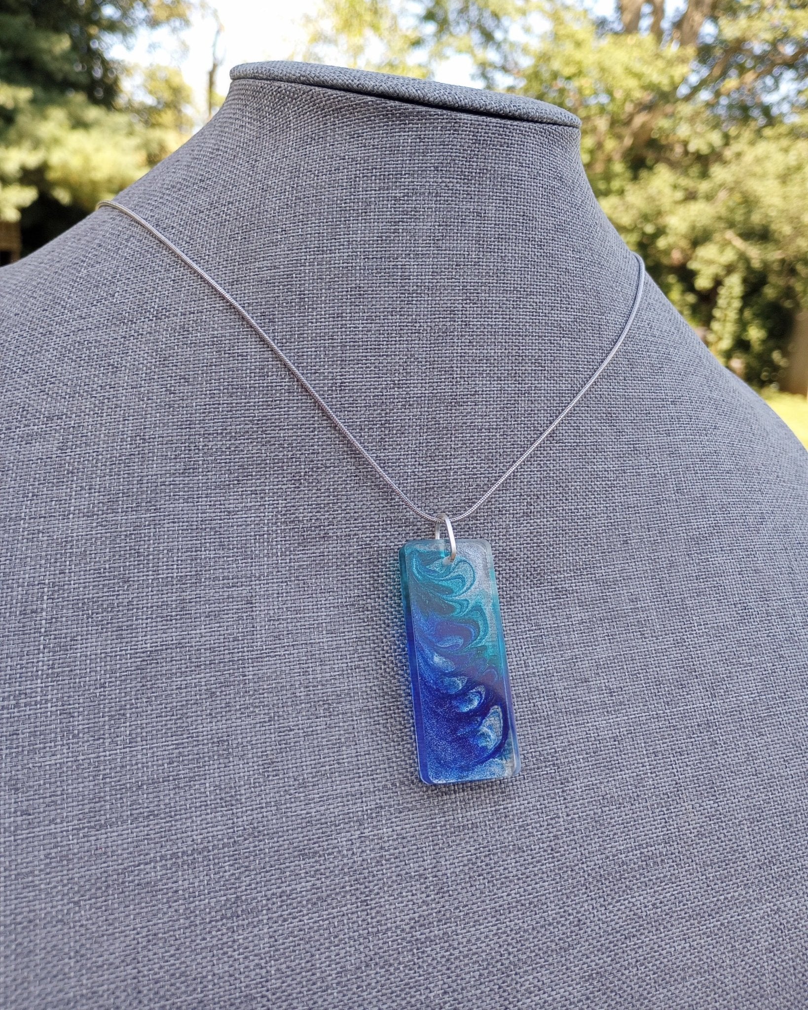 Shimmering Blue Art Pendant Necklace (large rectangle) - Windfall Jewelry