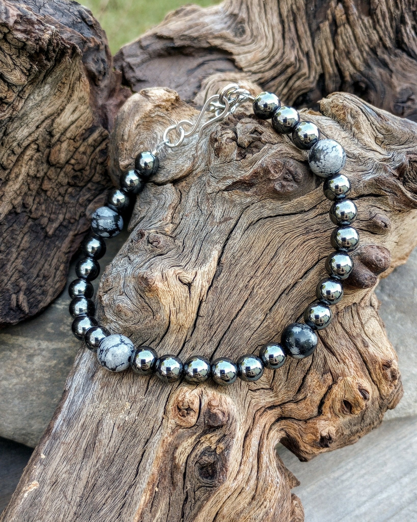 Snowflake Obsidian & Hematite Mens Beaded Bracelet - Windfall Jewelry