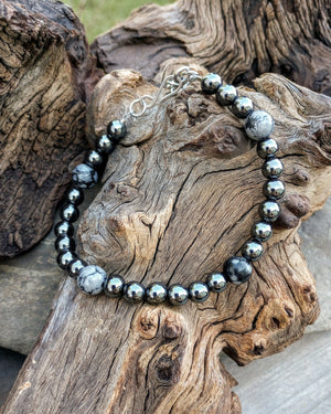 Snowflake Obsidian & Hematite Mens Beaded Bracelet - Windfall Jewelry