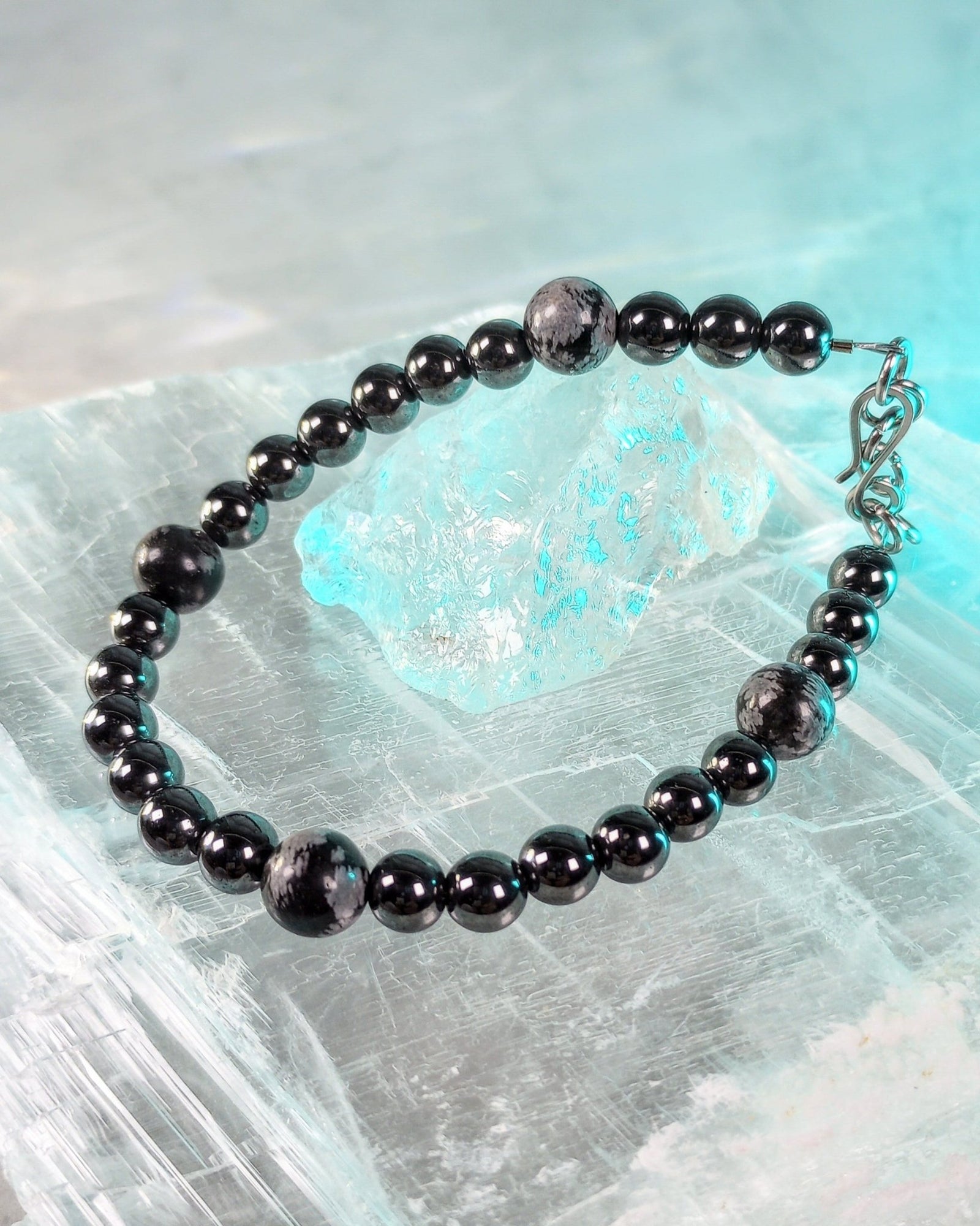 Snowflake Obsidian & Hematite Mens Beaded Bracelet - Windfall Jewelry