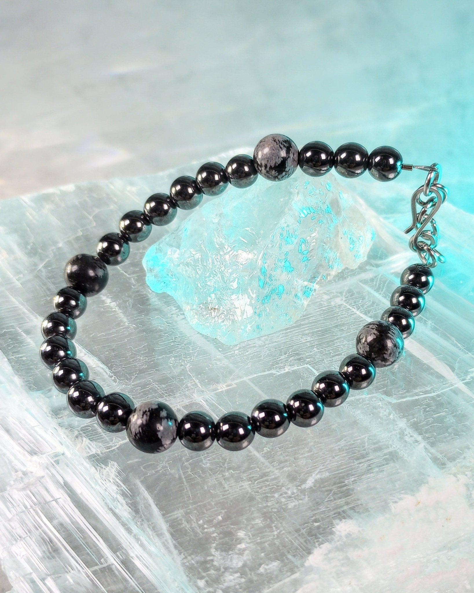 Snowflake Obsidian & Hematite Mens Beaded Bracelet - Windfall Jewelry