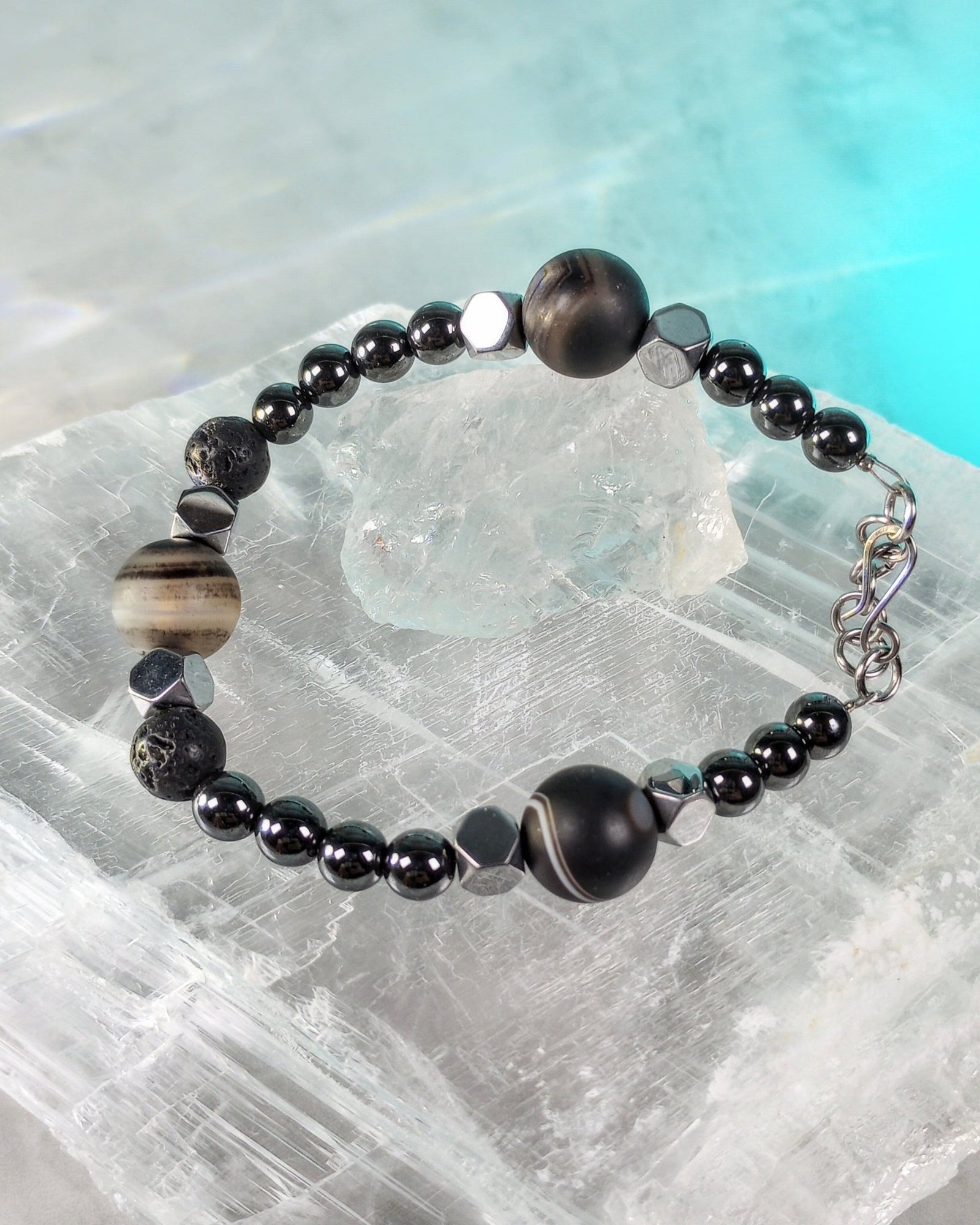 Striped Agate & Hematite Mens Beaded Bracelet - Windfall Jewelry