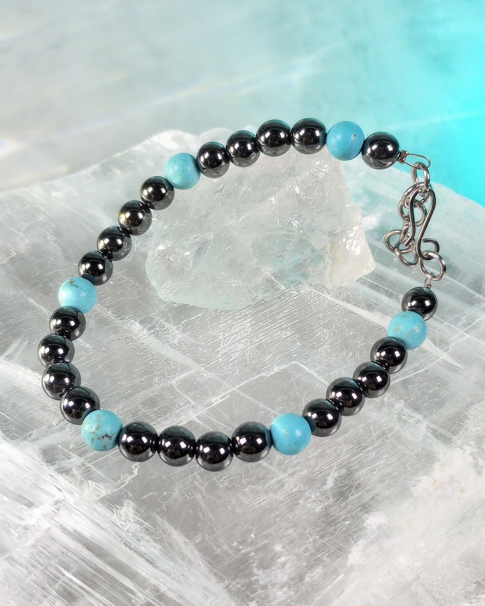 Turquoise Howlite & Hematite Mens Beaded Bracelet - Windfall Jewelry
