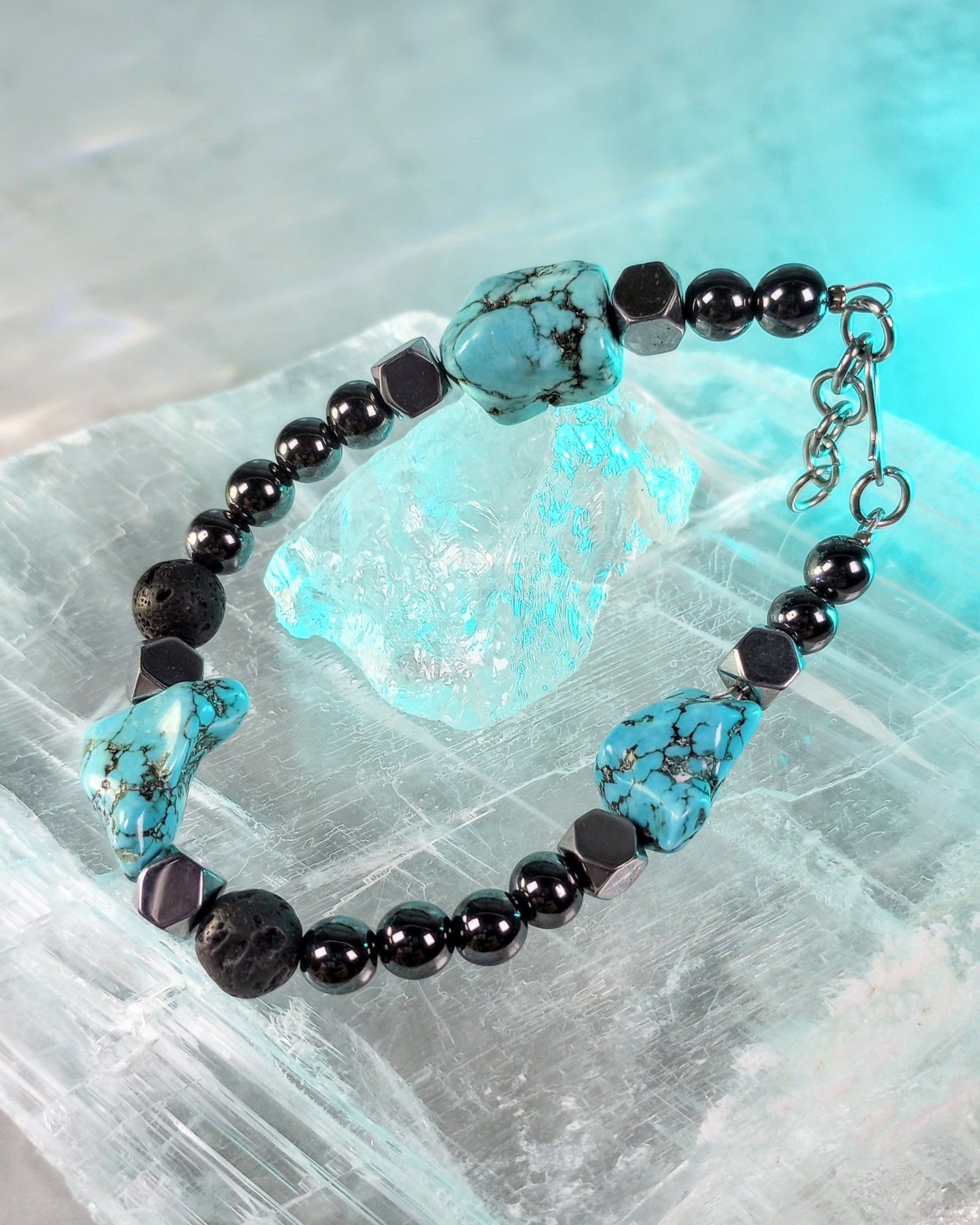 Turquoise Howlite Nugget & Hematite Mens Beaded Bracelet - Windfall Jewelry