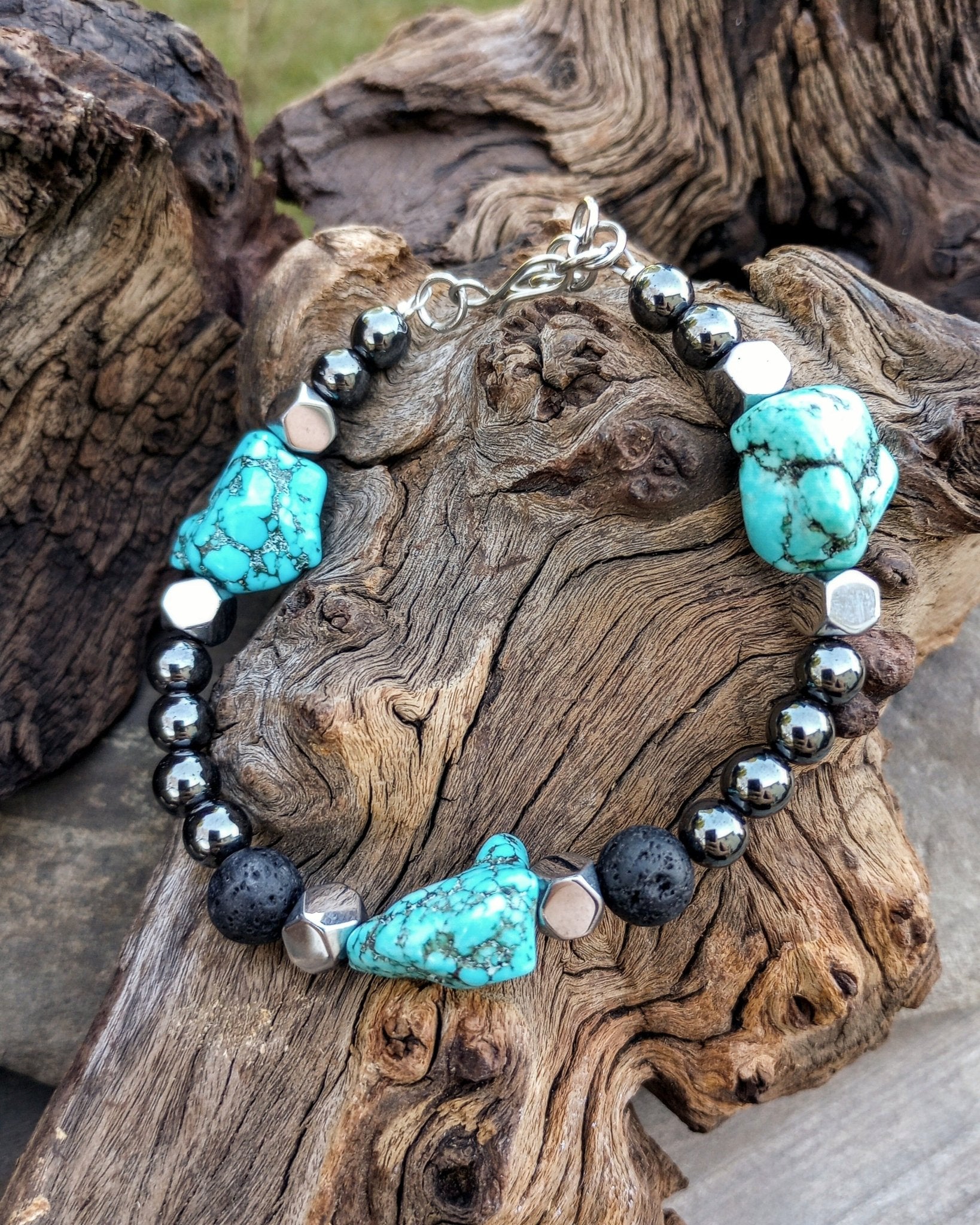 Turquoise Howlite Nugget & Hematite Mens Beaded Bracelet - Windfall Jewelry